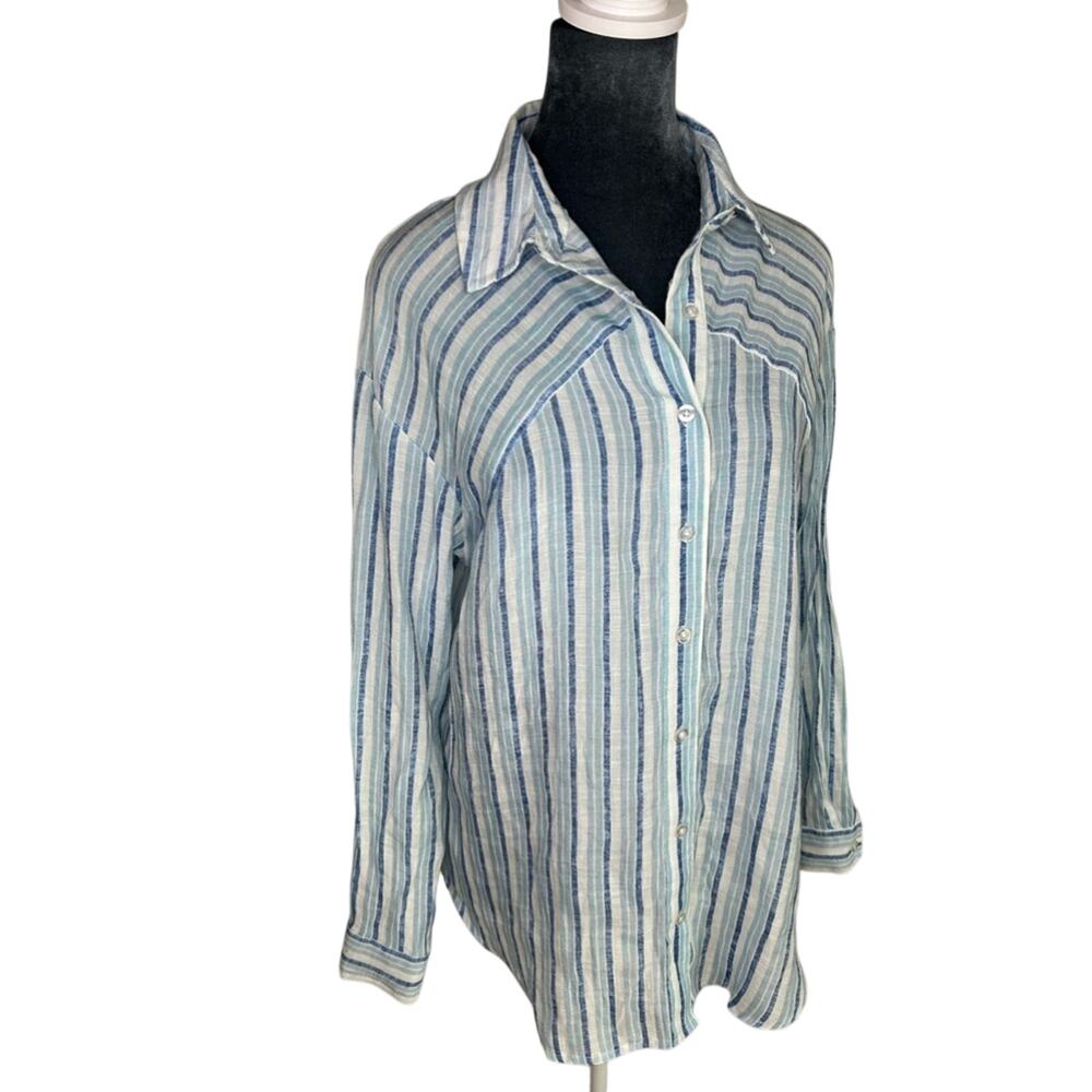 Como blu spring resort casual strip blue beachy blouse long sleeve- med- coastal